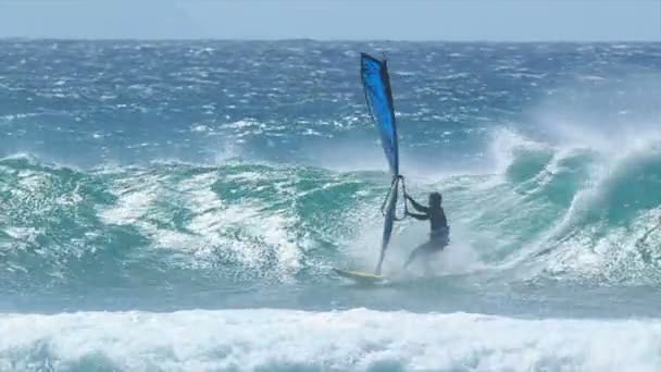 Professionele windsurfer rijdt een gigantische golf — Stockvideo