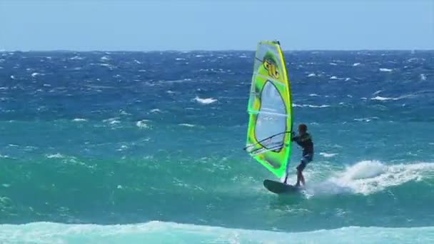 Professionele windsurfer rijdt een gigantische golf — Stockvideo