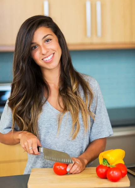 Beautiful Young Woman Cooking Dinner — Stock Photo, Image