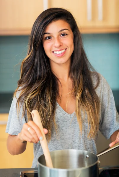 Beautiful Young Woman Cooking Dinner — Stock Photo, Image