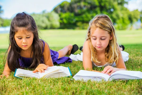 Little Girls Reading Books on Grass Royalty Free Stock Images