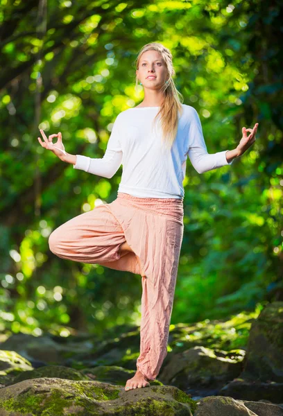 Donna che pratica Yoga di fronte a una bella cascata — Foto Stock