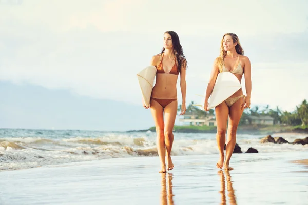 Meninas Surfistas Sexy bonitas na praia ao pôr do sol — Fotografia de Stock