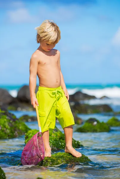 Fiatal fiú birtoklás móka a tropcial strandon — Stock Fotó