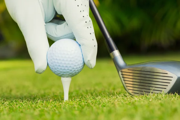 Närbild av golfboll på tee på golfbanan — Stockfoto