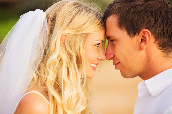 Bride and Groom, Romantic Newly Married Couple Kissing at the Be — Stock Photo, Image