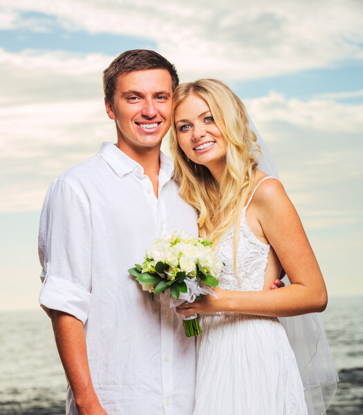 Bride and Groom, Romantic Newly Married Couple on the Beach, Jus