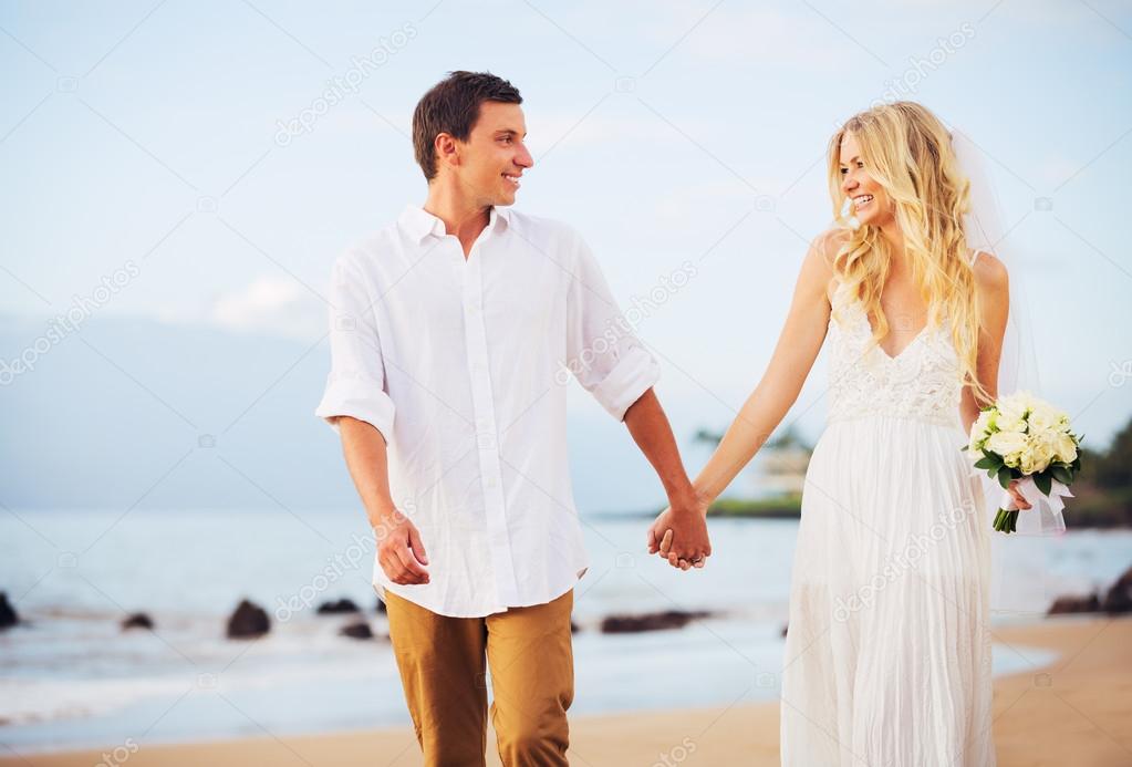 Bride and Groom, Romantic Newly Married Couple Holding Hands Wal