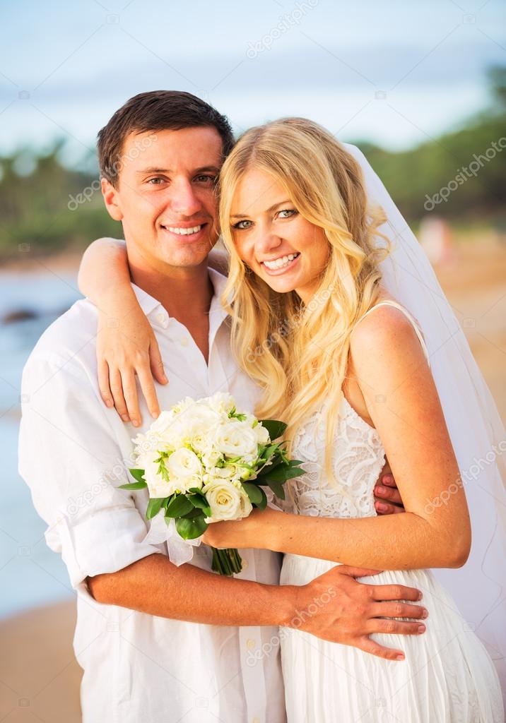 Bride and Groom, Beautiful Tropical Beach at Sunset, Romantic