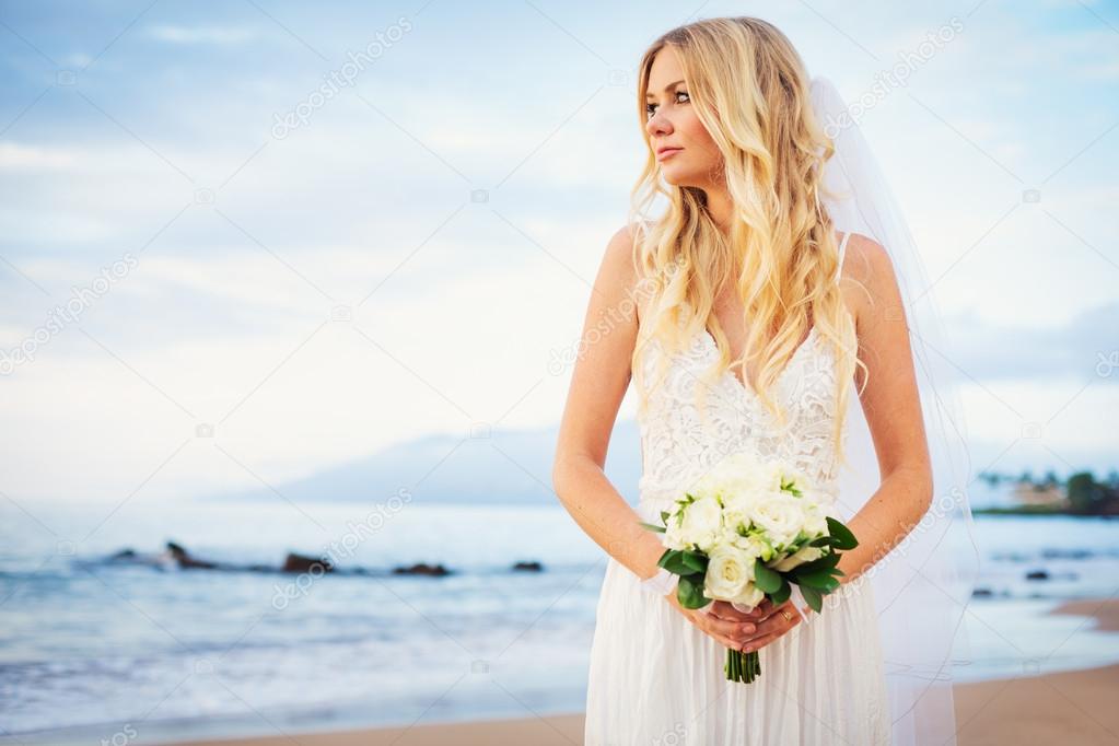 Beautiful Bride, Gorgeous Woman on Tropical Beach at Sunset with