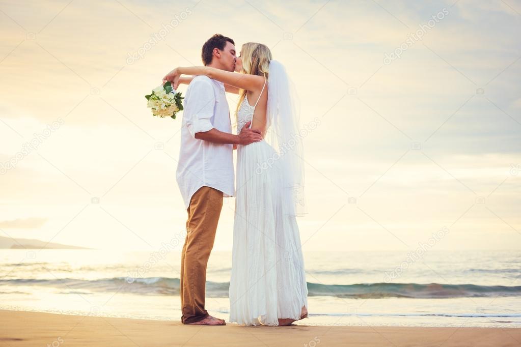 Bride and Groom, Beautiful Tropical Beach at Sunset, Romantic Ma