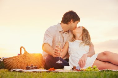 Çekici çift romantik piknik öpüşme