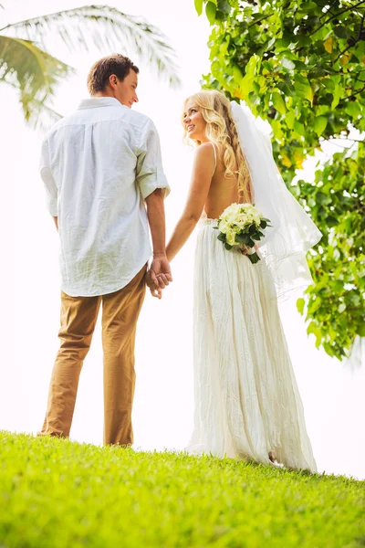 Just married couple holding hands — Stock Photo, Image