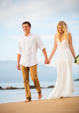 evli çift, gelin ve damat üzerinde güzel günbatımında elele