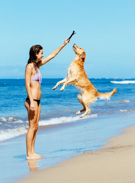 Kvinna playiing med hund hoppar upp i luften — Stockfoto