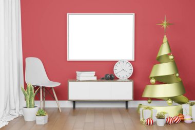 Çerçeve posterinin modern iç plan modellemesinin yılbaşı temasında 3D canlandırması