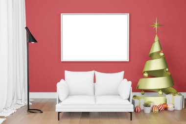 Çerçeve posterinin modern iç plan modellemesinin yılbaşı temasında 3D canlandırması