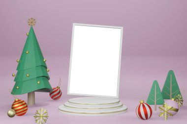 Çerçeve posterinin modern iç plan modellemesinin yılbaşı temasında 3D canlandırması
