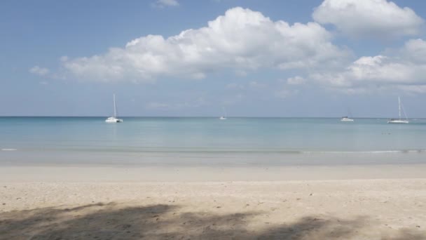 Beach Few Yachts Sea White Sand Wave Peaceful Sea Sunshine — Video