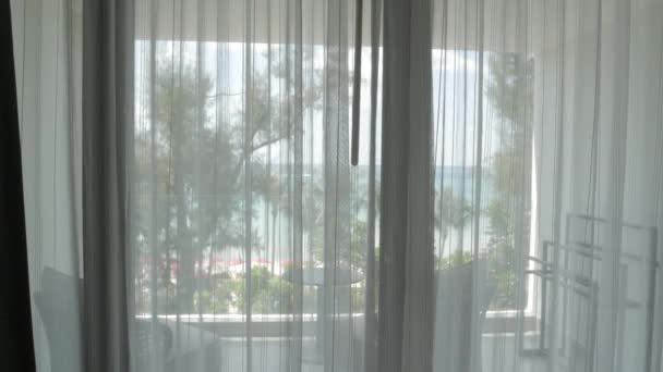 White Curtain Bedroom Hotel Resort Vacation Balcony Background Sea Phuket — Stockvideo