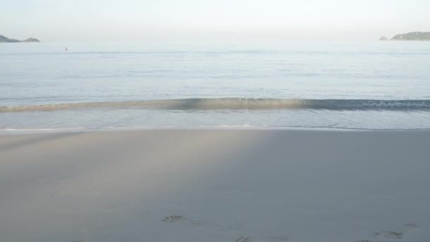 夏の日差しの日の穏やかな海から白い砂と穏やかな波でビーチを歩く観光客 夏休み自然コンサート — ストック動画