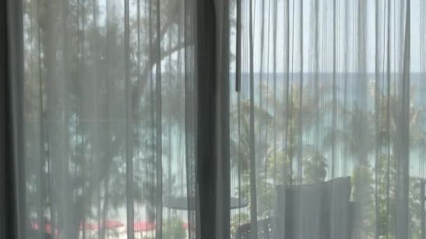 Young Woman Open White Curtain Bedroom Balcony Connect Patong Beach — Stock Video