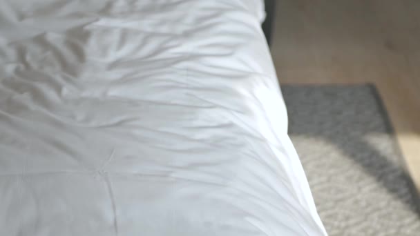Δωμάτιο Ξενοδοχείου Κρατώντας Υπηρεσία Φέρνει Πετσέτες Στο Δωμάτιο Κρεβάτι — Αρχείο Βίντεο
