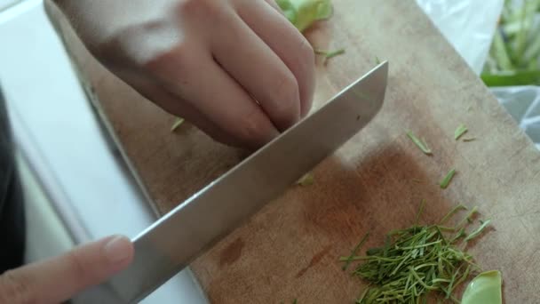 Mit Dem Messer Bergamottenblätter Hacken Für Die Asiatische Küche Kochen — Stockvideo