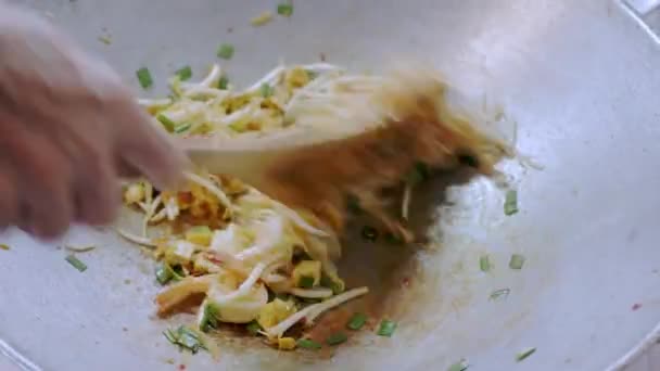 亚洲白面 豆芽和虾仁在煮熟的过程中 在锅里翻炒 准备做泰国菜 — 图库视频影像