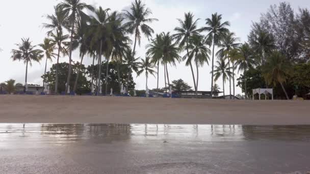 Pov Den Vita Sandstranden Med Vågor Havet Och Kokosnötsträd Stranden — Stockvideo