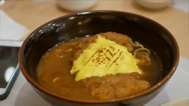Video Körili Şehriye Kasesine Japon Usulü Peynirli Domuz Pirzolası Yemeğe — Stok video