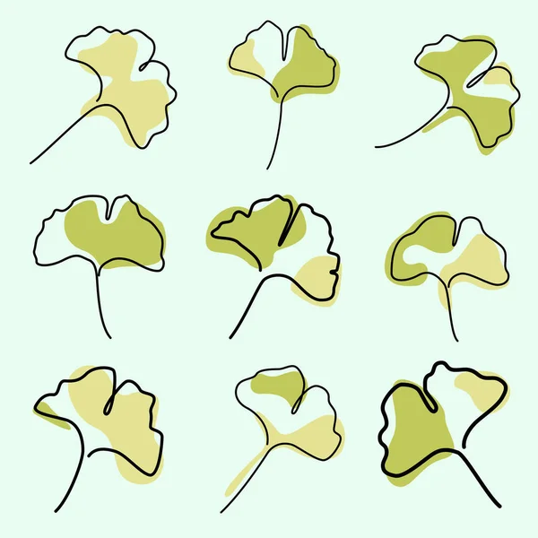 Satz Fortlaufender Einzeiliger Illustration Des Ginkgo Herbstbaumblattes — Stockvektor