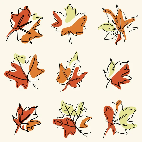 Set Continuous One Line Illustration Maple Autumn Tree Leaf — Stock Vector