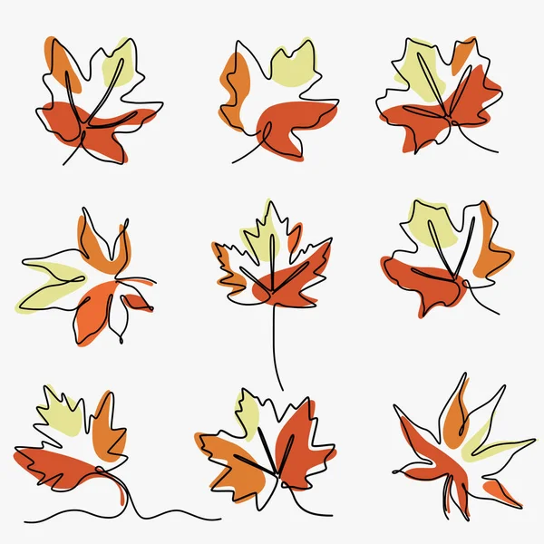 Set Continuous One Line Illustration Maple Autumn Tree Leaf — Stock Vector