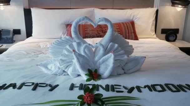 Toalha Decorada Cisnes Amor Estilo Cama Quarto Hotel Celebração Viagem — Vídeo de Stock