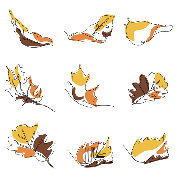 秋の木の葉の連続的な1行のイラストのセット — ストックベクタ