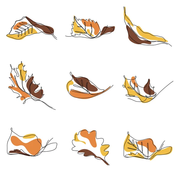 秋の木の葉の連続的な1行のイラストのセット — ストックベクタ
