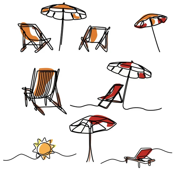 1本の線で夏のビーチチェアと傘のオブジェのセット連続イラストドローイング — ストックベクタ
