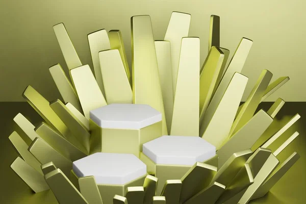 ミニマルデザインの製品配置のための黄金の表彰台ステージディスプレイショーケースの3Dレンダリングイラスト — ストック写真