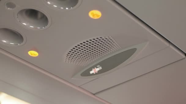 Seat Belt Notification Signal Light Turns Passenger Airplane Cabin — Stock Video