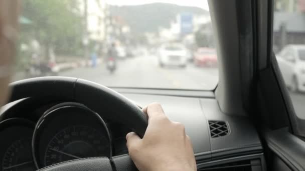 Pov Selective Focusing Hand Holding Car Steering Wheel While Driving — Stockvideo