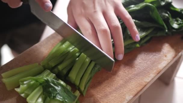 Use Knif Cut Boiled Kale Vegetable Cooking Chinese Noodle Style — ストック動画