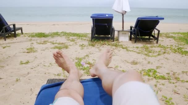 Pov Man Legs Feet While Relaxing Sunbed Beach Resort Thailand — Wideo stockowe