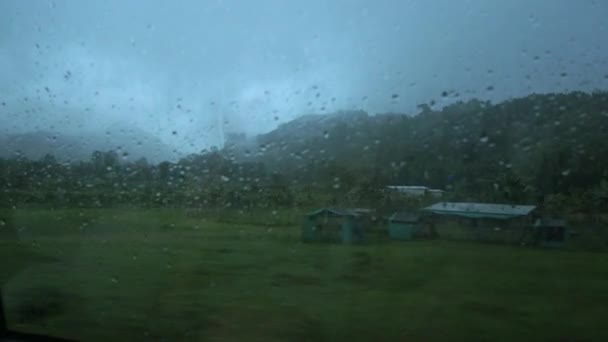 Widok Poza Oknem Poruszającego Się Samochodu Silnym Deszczem Nad Lokalnym — Wideo stockowe