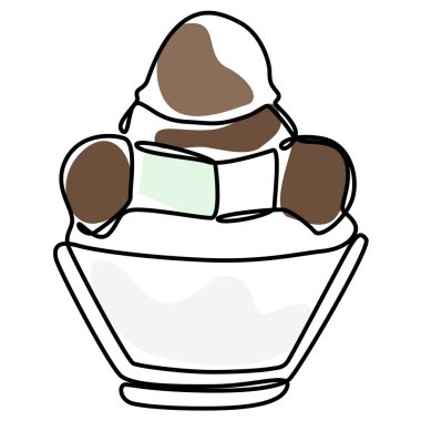 ice shaved bingsu korean japanese style sweet dessert in minimal one continuous line simple design style with color