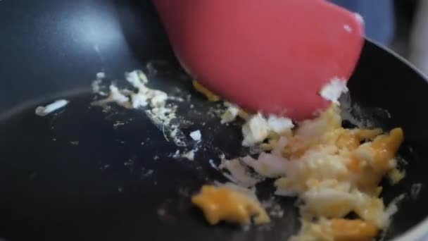 View Cooking Pan While Cooking Scrambled Egg Healthy Breakfast Meal — Stockvideo