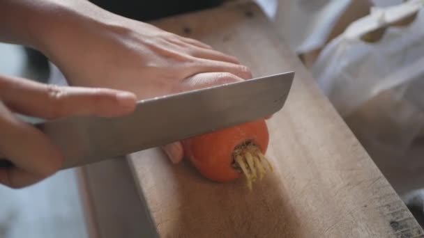 Close Hands While Peeling Fresh Juicy Carrot Peeler Kitchen — Stock Video