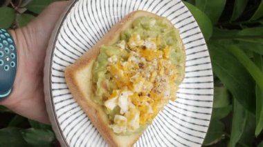 Avokado tostu ve çırpılmış yumurta tabağı. Güney Asya 'da sağlıklı yemek tabağı