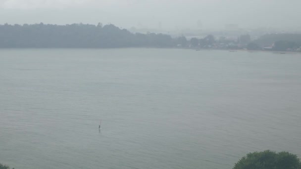 Aerial View Man While Sailing Sea Raining Phuket Siray Bay — Stockvideo