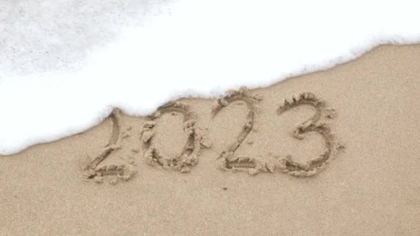 2022 Mano Scrivere Cifre Sulla Spiaggia Sabbia Felice Anno Nuovo — Video Stock